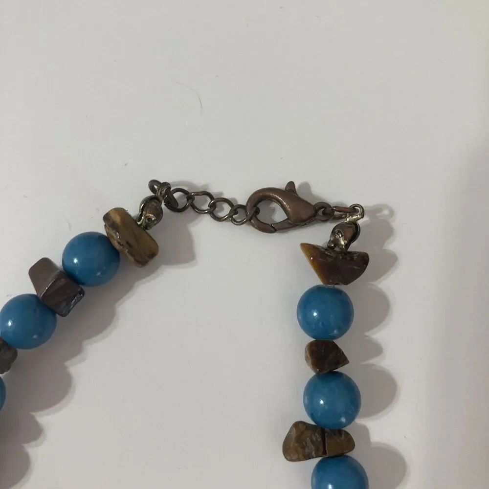 Brown Yellow Turquoise Faux Pearl Stone Gold Tone Mod Statement Beaded Necklace